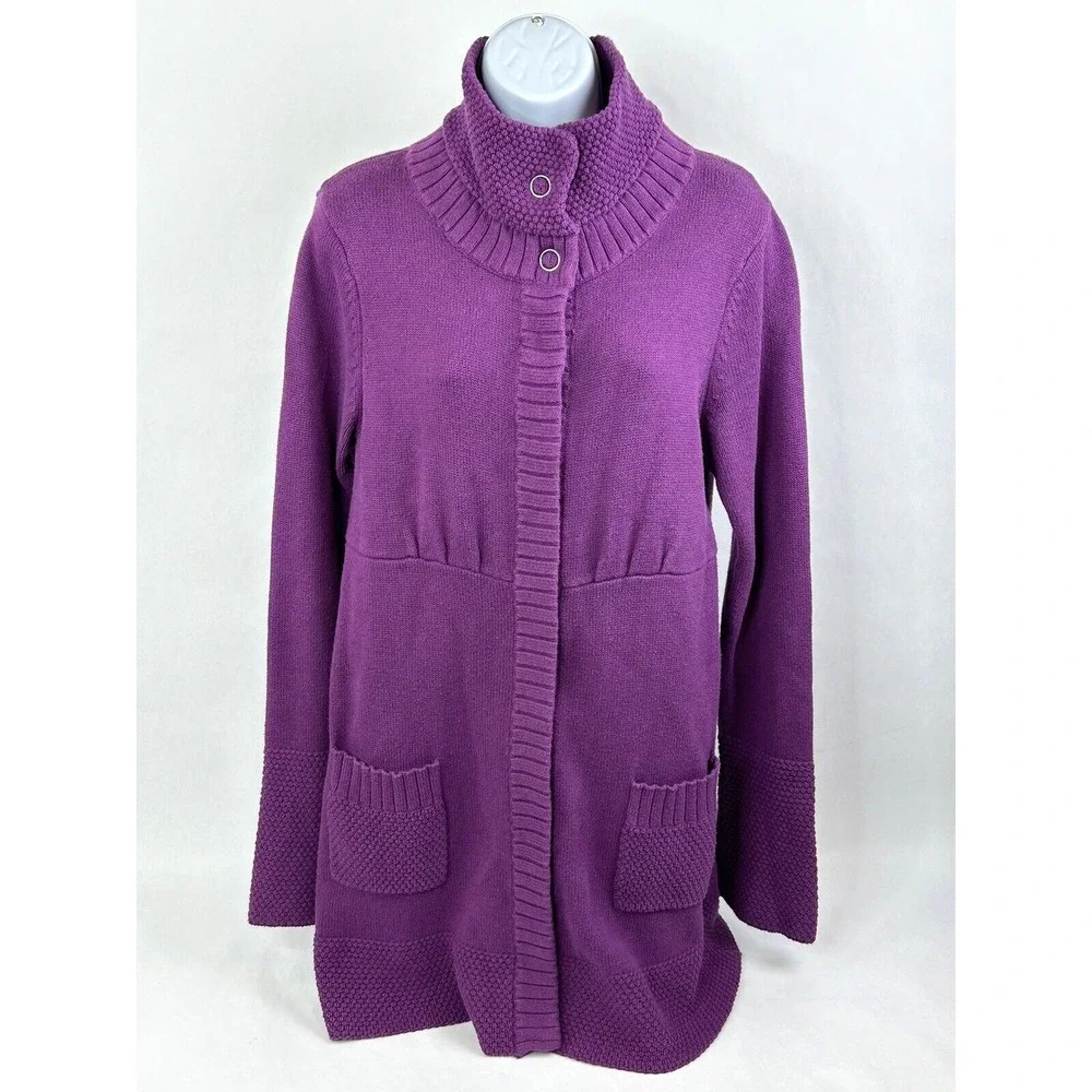 Athleta Sula Long Cardigan Sweater Purple Cashmere Blend Mock Neck Snap Front L
